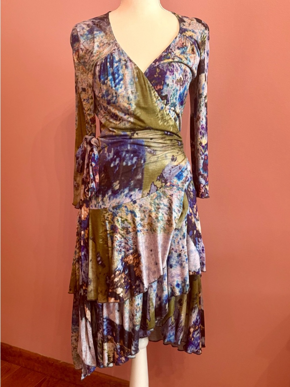 Olive & Blue Wrap-Style Long Sleeve Midi Dress